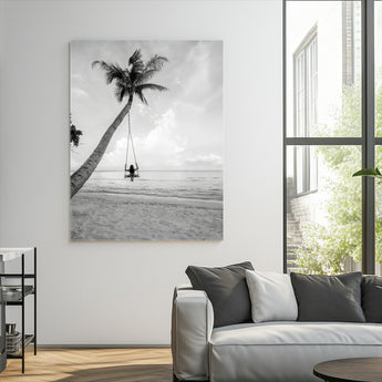 78460277-MGV-CV-24X36-Black White Palms Wall Art Canvas Print, Framed Beach Swing Art Picture Print, Monochrome Coastal Perfect Minimalist Coastal Decor