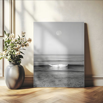 96234442-MGV-CV-24X36-Black White Ocean Scene Wall Art Canvas Print, Framed Full Moon Over Sea Art Picture Print, Tranquil Coastal Canvas Perfect