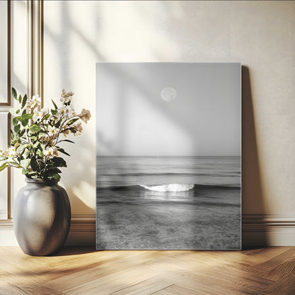 96234442-MGV-CV-24X36-Black White Ocean Scene Wall Art Canvas Print, Framed Full Moon Over Sea Art Picture Print, Tranquil Coastal Canvas Perfect