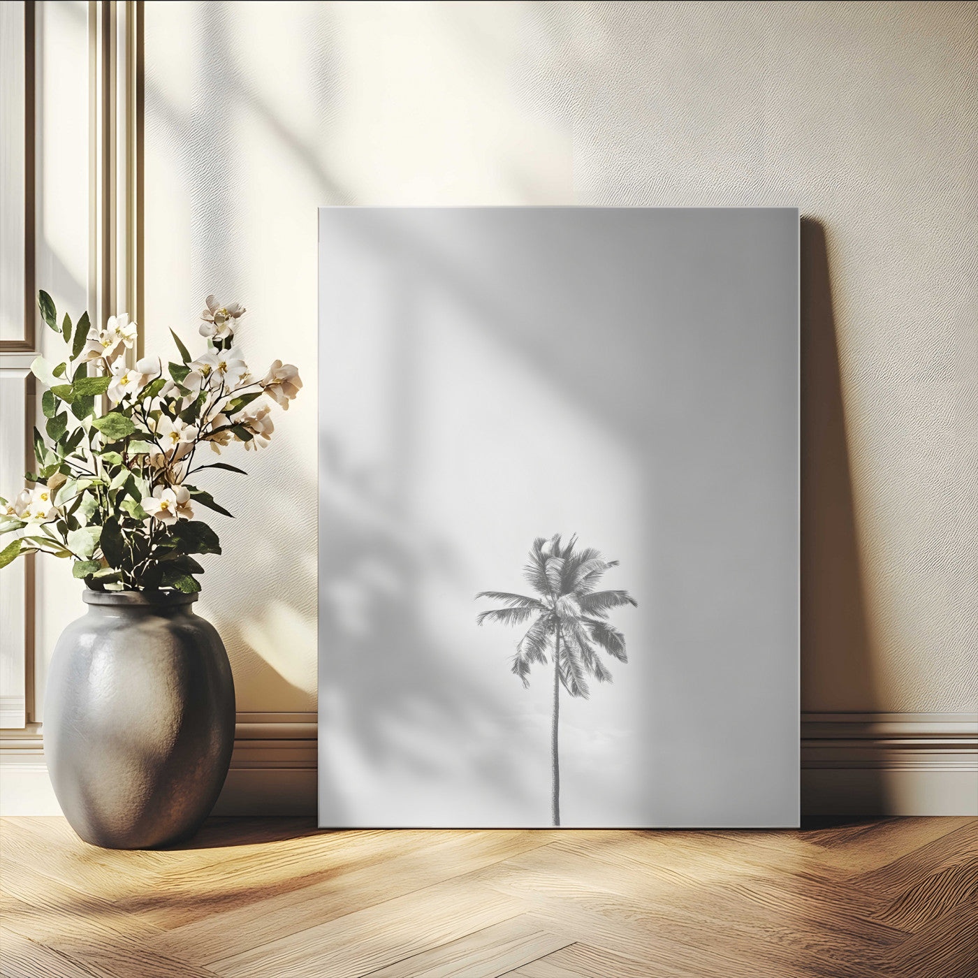 67263674-MGV-CV-24X36-Lone Palm Tree Wall Art Canvas Print, Framed Minimalist Tropical Art Picture Print, Monochrome Beach Perfect Modern Coastal