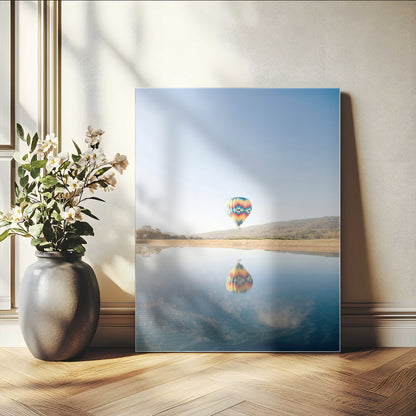 98091684-MGV-CV-24X36-Hot Air Balloon Wall Art Canvas Print, Framed Flight Reflection Art Picture Print, Peaceful Lakeside Perfect Modern Minimalist