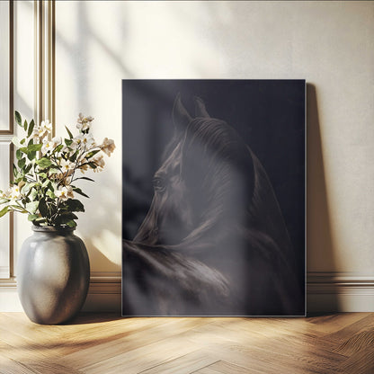 67026880-MGV-CV-24X36-Black Horse Portrait Wall Art Canvas Print, Framed Moody Horse Decor Art Picture Print, Equestrian Wall Style Perfect Masculine