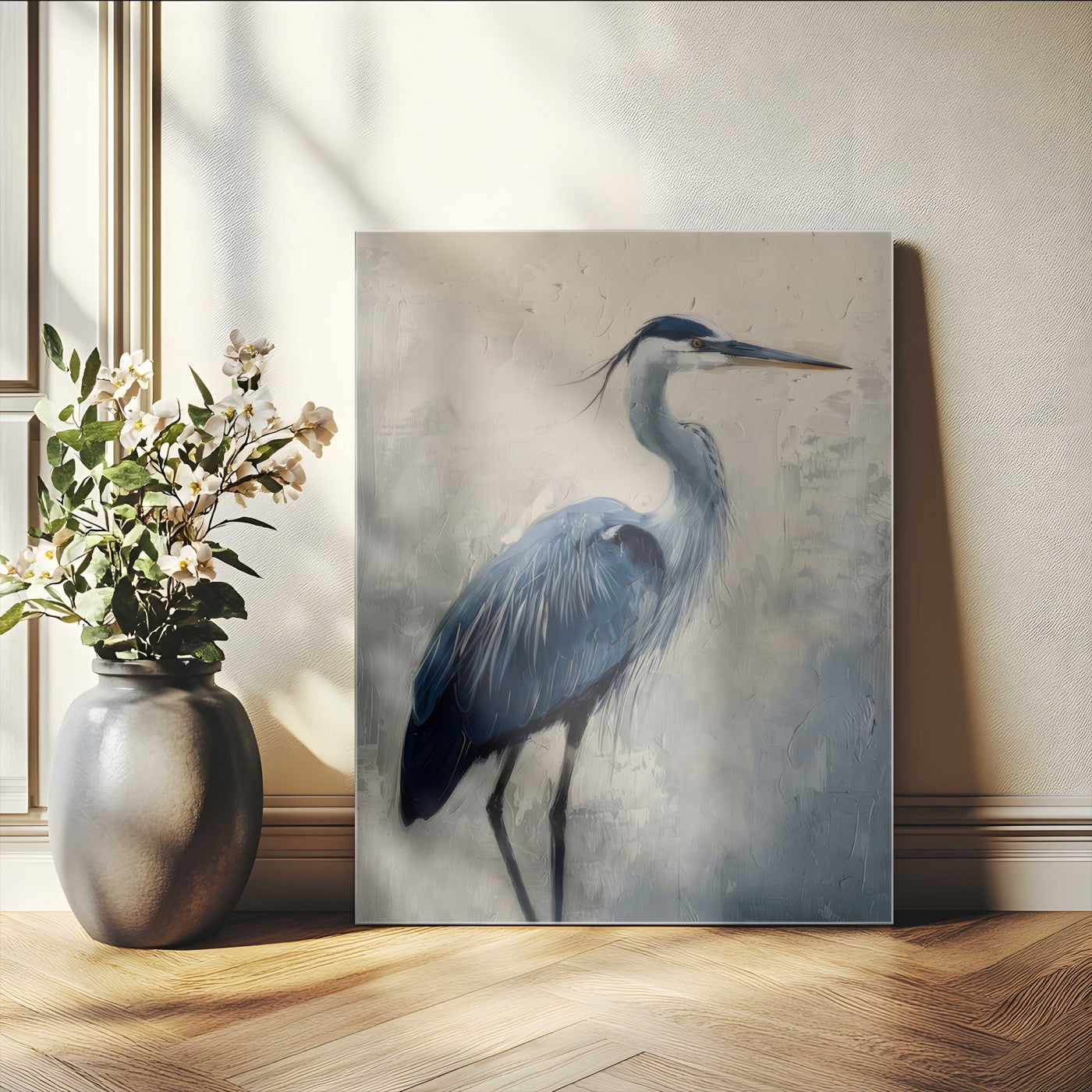 51380726-MGV-CV-24X36-Blue Heron Decor Wall Art Canvas Print, Framed Coastal Bird Design Art Picture Print, Minimal Heron Portrait Perfect Coastal