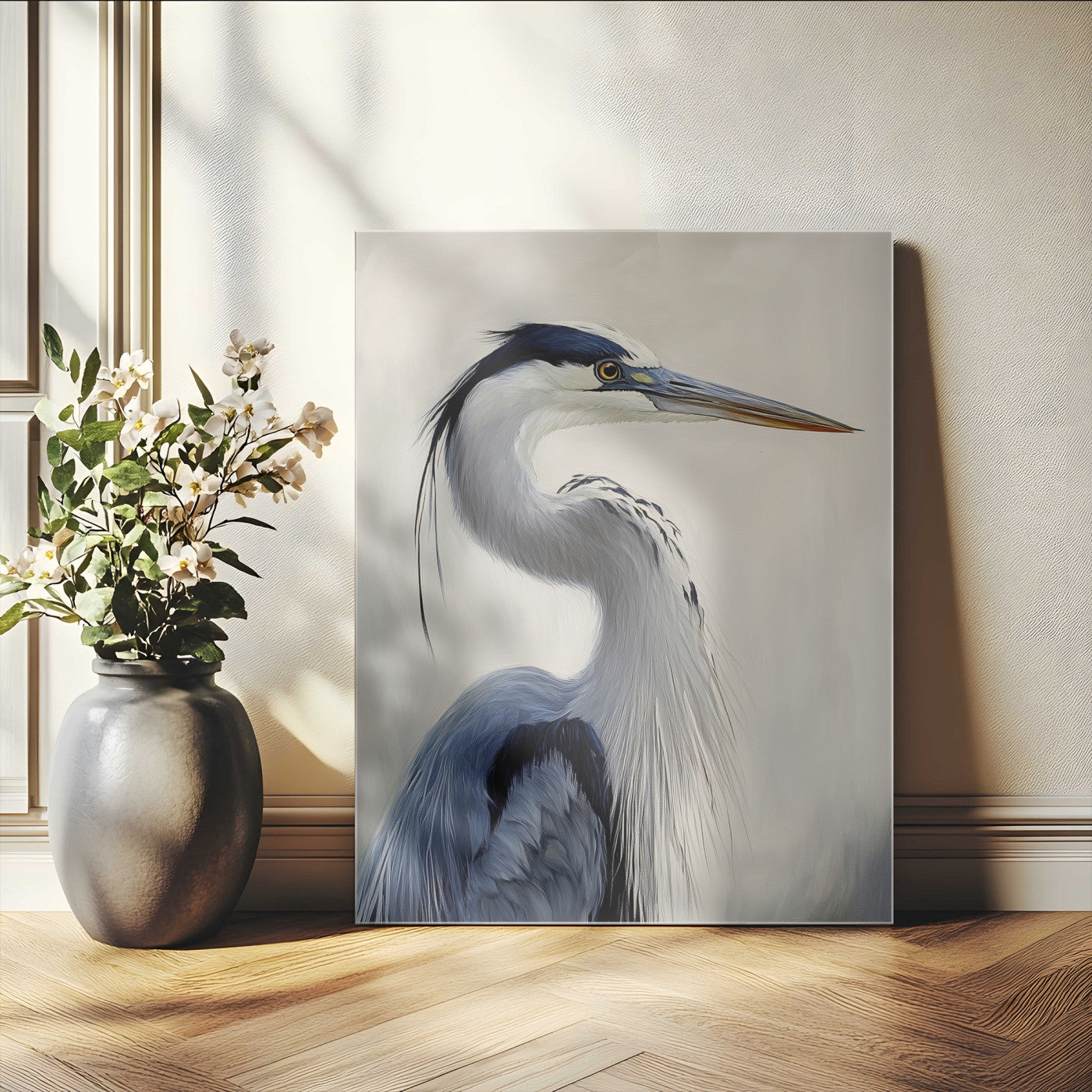79581184-MGV-CV-24X36-Blue Heron Wall Art Canvas Print, Framed Elegant Wildlife Art Picture Print, Minimalist Bird Theme Perfect Coastal Minimalist