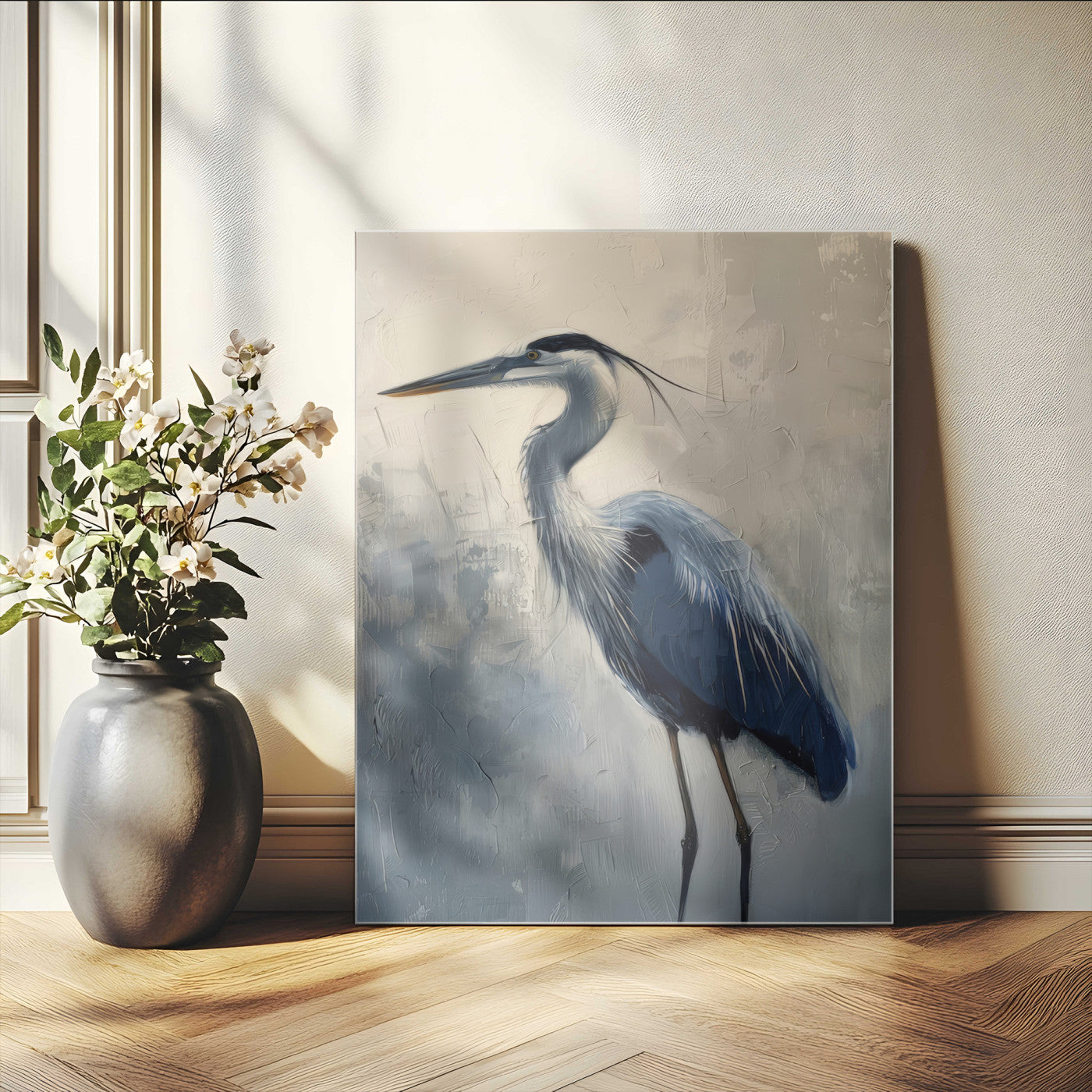 68368019-MGV-CV-24X36-Blue Heron Art Wall Art Canvas Print, Framed Crane Bird Painting Art Picture Print, Elegant Wildlife Scene Perfect Coastal