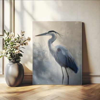 68368019-MGV-CV-24X36-Blue Heron Art Wall Art Canvas Print, Framed Crane Bird Painting Art Picture Print, Elegant Wildlife Scene Perfect Coastal