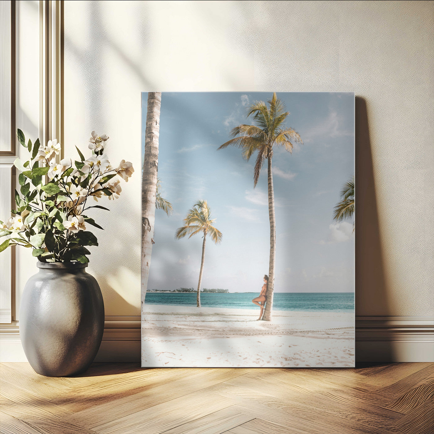 27750035-MGV-CV-24X36-Tropical Beach Scene Wall Art Canvas Print, Framed Palm Tree Photography Art Picture Print, Island Paradise Decor Perfect Coastal