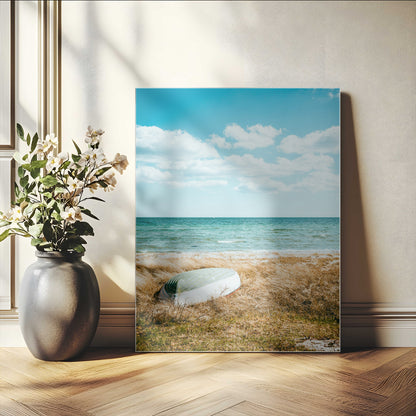 21725303-MGV-CV-24X36-Coastal Serenity Wall Art Canvas Print, Framed Ocean View Art Picture Print, Rustic Boat Perfect Nautical Coastal Decor Artwork