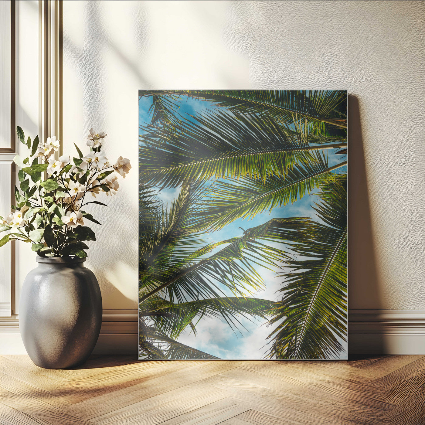 31086560-MGV-CV-24X36-Palm Leaves Wall Art Canvas Print, Framed Tropical Vibes Art Picture Print, Green Foliage Perfect Tropical Boho Decor Artwork