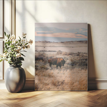 75146693-MGV-CV-24X36-Solitary Buffalo Wall Art Canvas Print, Framed Golden Prairie Art Picture Print, Earthy Tones Perfect Rustic Western Decor Artwork