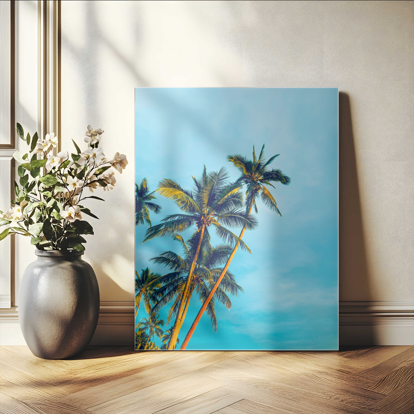 62885569-MGV-CV-24X36-Palm Trees Wall Art Canvas Print, Framed Tropical Vibes Art Picture Print, Blue Sky Perfect Coastal Boho Decor Artwork