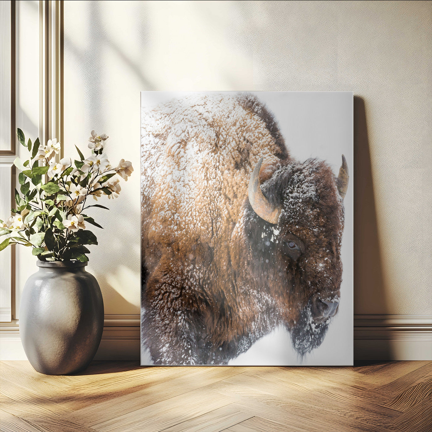 27690436-MGV-CV-24X36-Snowy Buffalo Wall Art Canvas Print, Framed Wildlife Photography Art Picture Print, Rustic Lodge Perfect Rustic Lodge Decor Decor