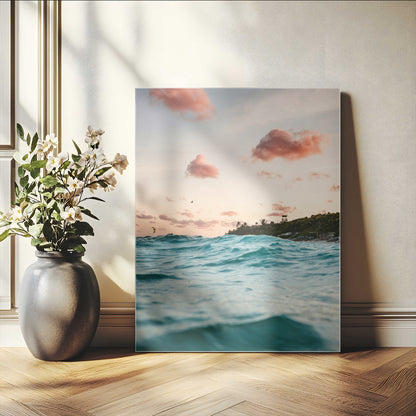 13960366-MGV-CV-24X36-Tropical Seascape Wall Art Canvas Print, Framed Sunset Ocean Art Picture Print, Coastal Aesthetic Perfect Coastal Bohemian Decor