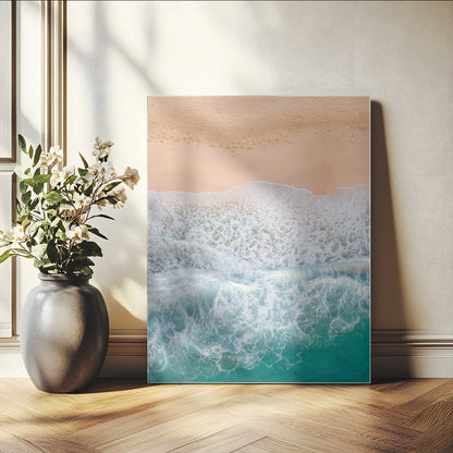 91434062-MGV-CV-24X36-Beach Aerial Wall Art Canvas Print, Framed Soft Waves Art Picture Print, Ocean Tranquility Perfect Coastal Minimalist Decor