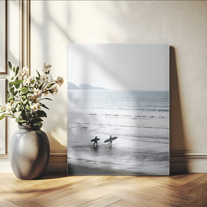 58090796-MGV-CV-24X36-Surfer Silhouettes Wall Art Canvas Print, Framed Minimalist Ocean Art Picture Print, Soft Horizon Perfect Minimalist Coastal Decor