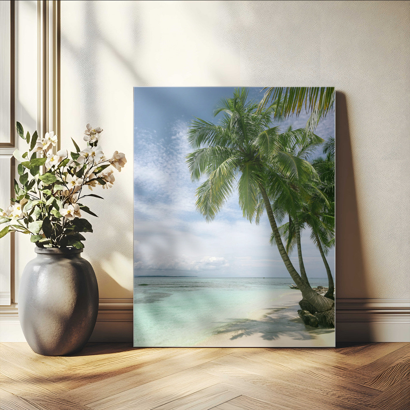 80489589-MGV-CV-24X36-Palm Tree Beach Wall Art – Tropical Paradise Canvas Print with White Sand and Turquoise Ocean, Coastal Photography for Bedroom,