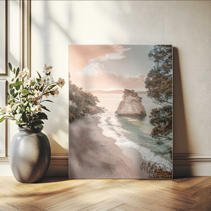 34220311-MGV-CV-24X36-Coastal Rock Wall Art – Sunset Beach Canvas Print with Ocean Waves and Golden Light, Scenic Seaside Photography for Bedroom,
