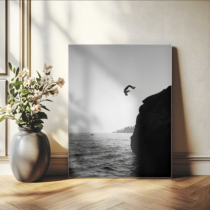 36618494-MGV-CV-24X36-Modern Wall Art – Cliff Diver Black and White Canvas Print, Bold Ocean Photography Decor for Bedroom, Living Room, Office, Coastal