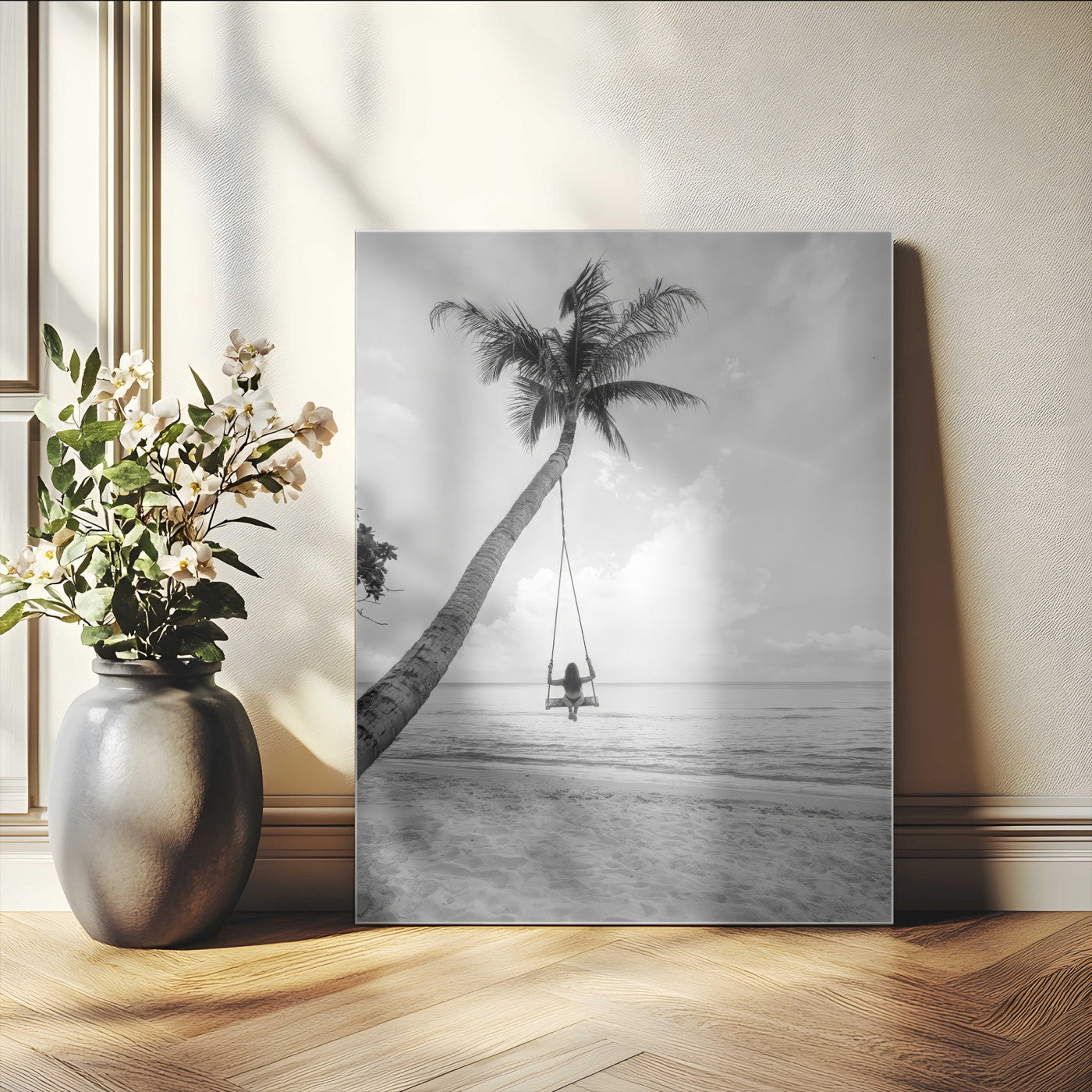 41303063-MGV-CV-24X36-Coastal Wall Art – Palm Tree Swing Black and White Canvas Print, Tropical Beach Photography Decor for Bedroom, Living Room,