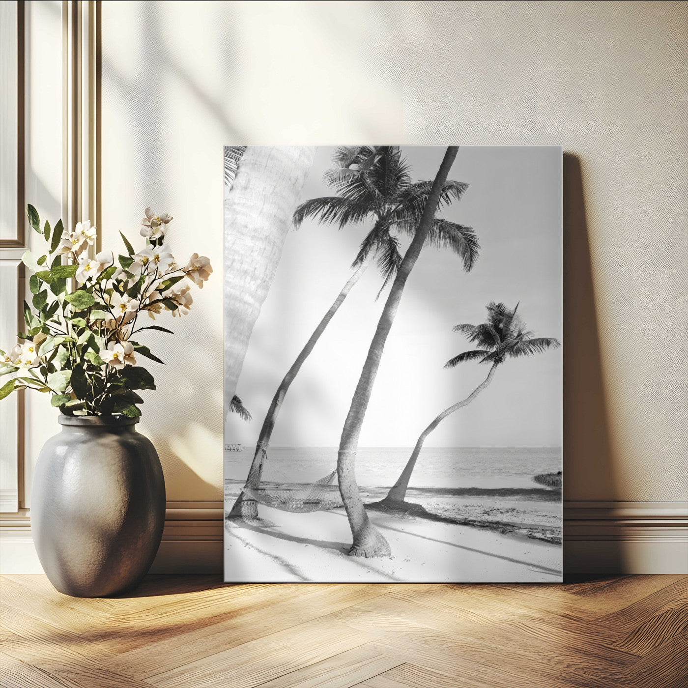 16582004-MGV-CV-24X36-Black and White Tropical Palm Trees Canvas Wall Art – Minimalist Coastal Photography, Large Framed Print for Home, Office, Living