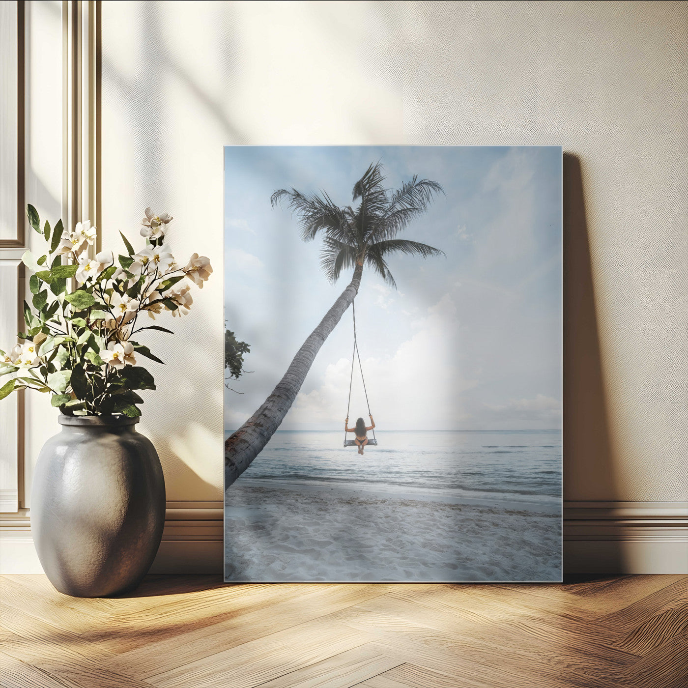 62893825-MGV-CV-24X36-Tropical Palm Tree Swing Wall Art – Ocean Beach Photography Print, Coastal Decor, Wanderlust Travel Photo for Boho Homes & Beach
