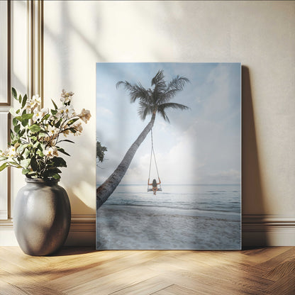 62893825-MGV-CV-24X36-Tropical Palm Tree Swing Wall Art – Ocean Beach Photography Print, Coastal Decor, Wanderlust Travel Photo for Boho Homes & Beach