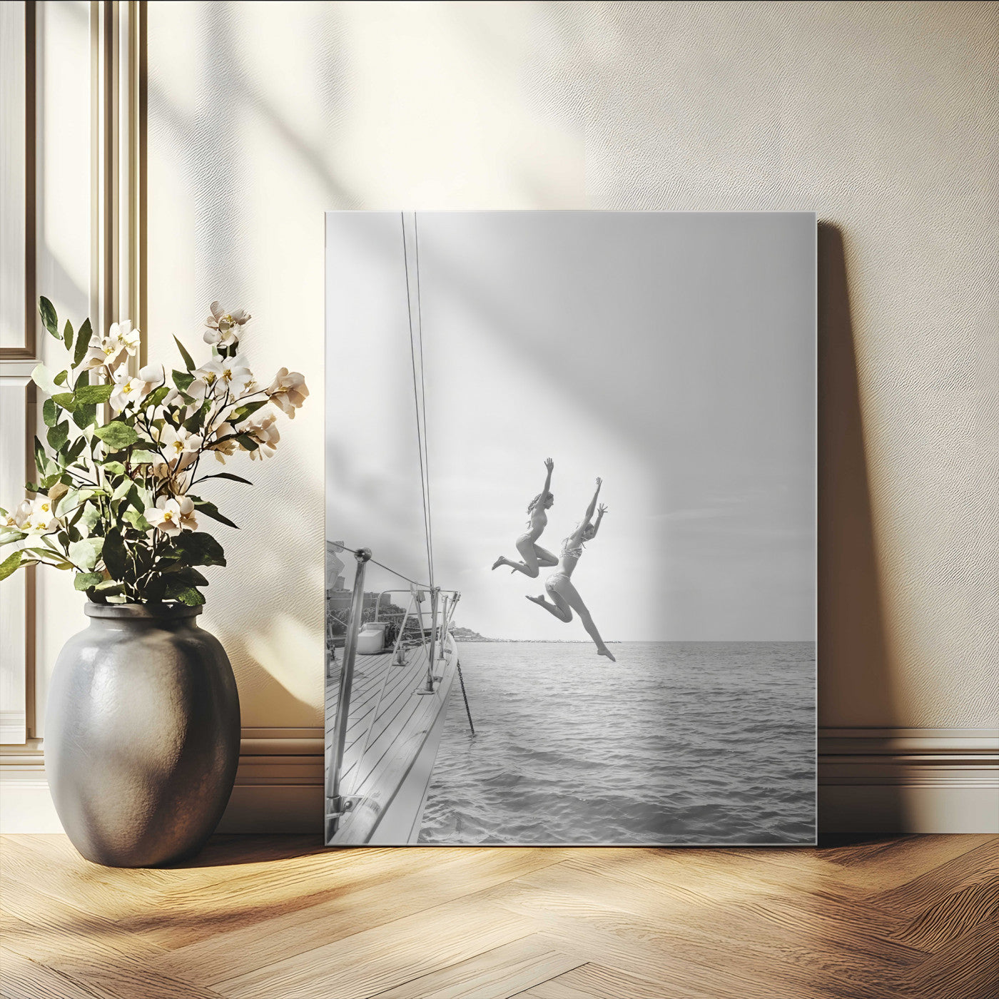 34708932-MGV-CV-24X36-Sailing Adventure Wall Art – Black and White Ocean Jump Canvas Print, Nautical Lifestyle Photography Decor for Living Room,