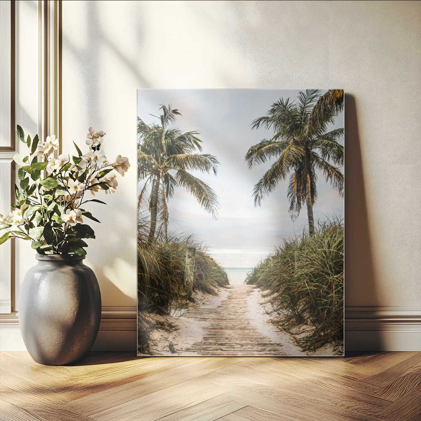 53859552-MGV-CV-24X36-Tropical Beach Wall Art – Palm Tree Pathway Canvas Print, Coastal Paradise Photography Decor for Living Room, Bedroom, Office,