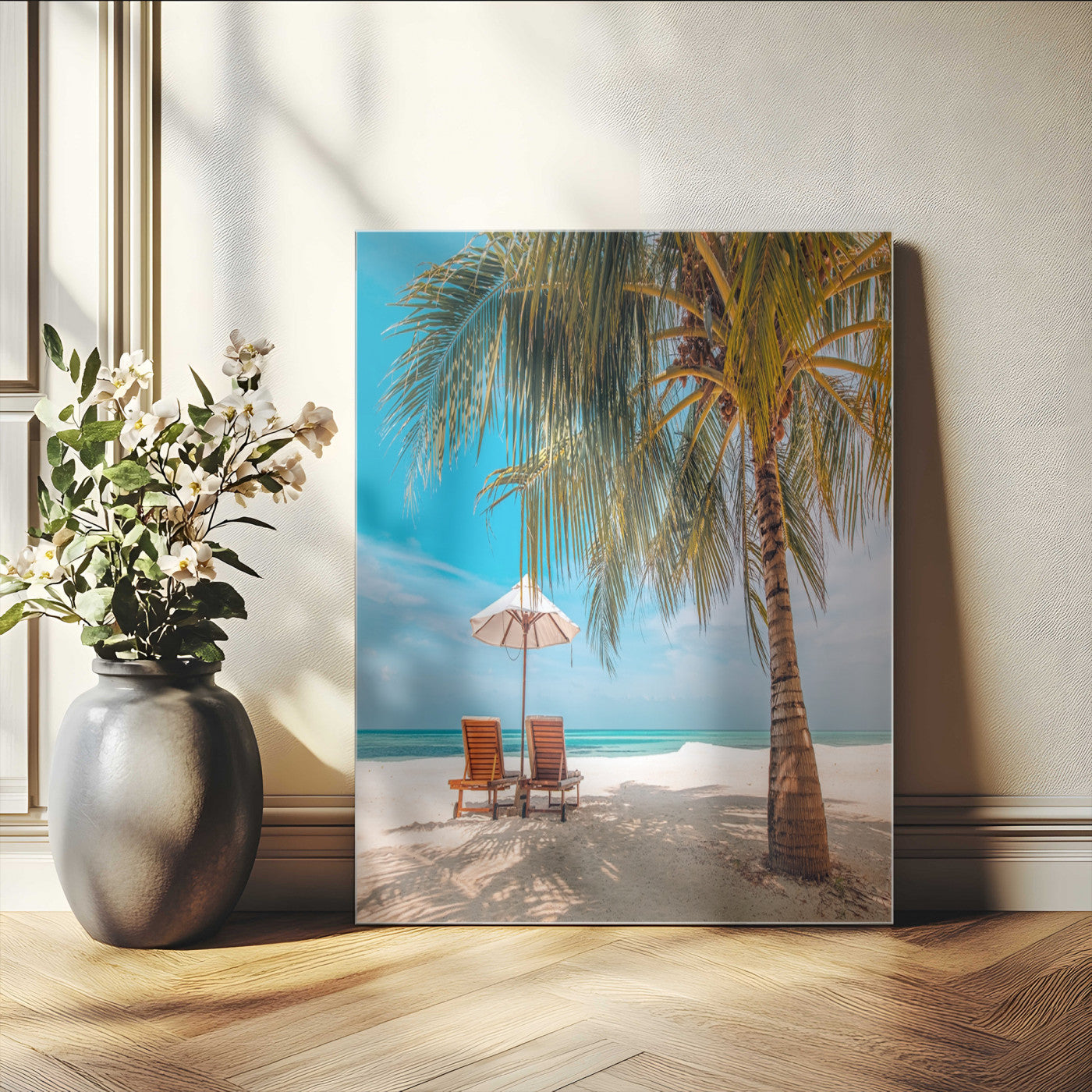 51024-MGV-CV-24X36-Tropical Beach Wall Art Canvas Print, Framed Palm Tree Art Picture Print, Sandy Shoreline Perfect Minimalist Coastal Decor Artwork