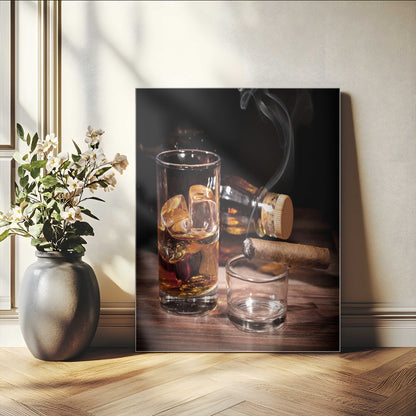 13274-MGV-CV-24X36-Whiskey Glass Wall Art Canvas Print, Framed Smoking Cigar Art Picture Print, Amber Whiskey Perfect Masculine Rustic Decor Artwork