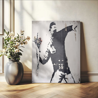 64032-MGV-CV-24X36-Flower Thrower Wall Art Canvas Print, Framed Urban Protest Art Picture Print, Graffiti Style Perfect Urban Contemporary Decor