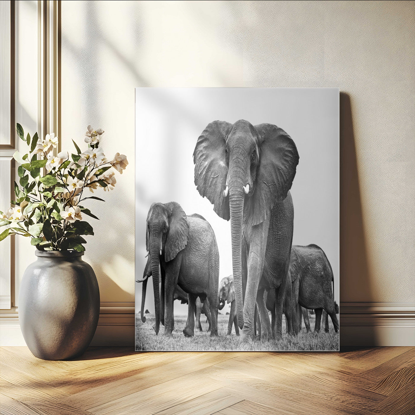 79634-MGV-CV-24X36-Elephant Herd Wall Art Canvas Print, Framed African Elephant Art Picture Print, Monochrome Wildlife Perfect Monochrome Safari