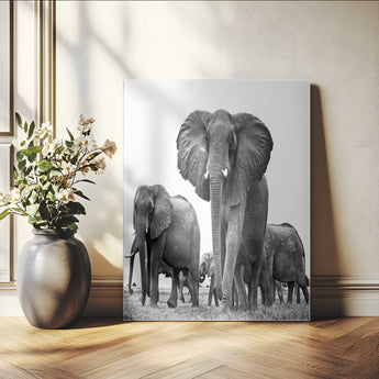 79634-MGV-CV-24X36-Elephant Herd Wall Art Canvas Print, Framed African Elephant Art Picture Print, Monochrome Wildlife Perfect Monochrome Safari