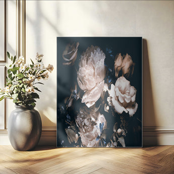 47195-MGV-CV-24X36-Moody Peonies Wall Art Canvas Print, Framed Dark Floral Art Picture Print, Creamy Rose Perfect Baroque Floral Decor Artwork