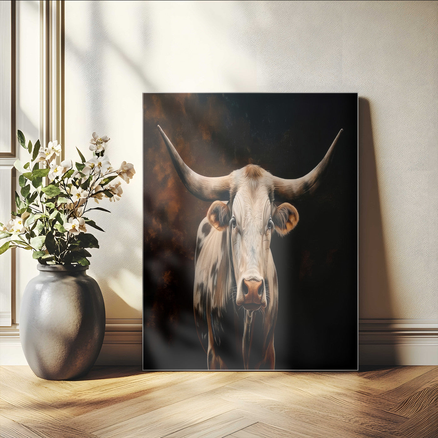 11823-MGV-CV-24X36-Texas Longhorn Wall Art Canvas Print, Framed Western Bull Art Picture Print, Rustic Cow Perfect Rustic Western Decor Artwork