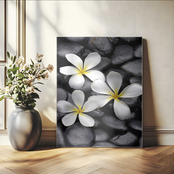 45657-MGV-CV-24X36-Large Wall Art White Flowers on Black Zen Meditation Stones Vertical Canvas Print