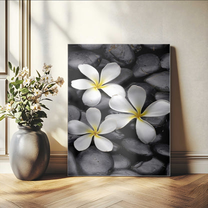 45657-MGV-CV-24X36-Large Wall Art White Flowers on Black Zen Meditation Stones Vertical Canvas Print