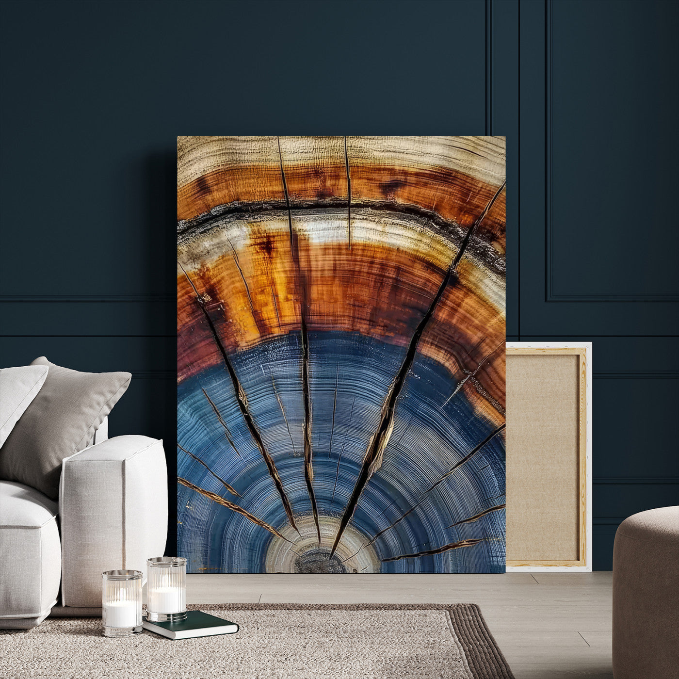 47703729-MGV-CV-24X36-Tree Rings Wall Art Canvas Print, Framed Wood Texture Art Picture Print, Blue Grain Perfect Rustic Modern Decor Artwork