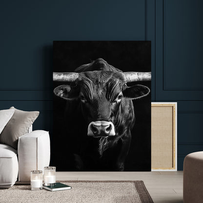 75358747-MGV-CV-24X36-Texas Longhorn Wall Art Canvas Print, Framed Monochrome Bull Art Picture Print, Horned Bull Perfect Minimalist Western Decor