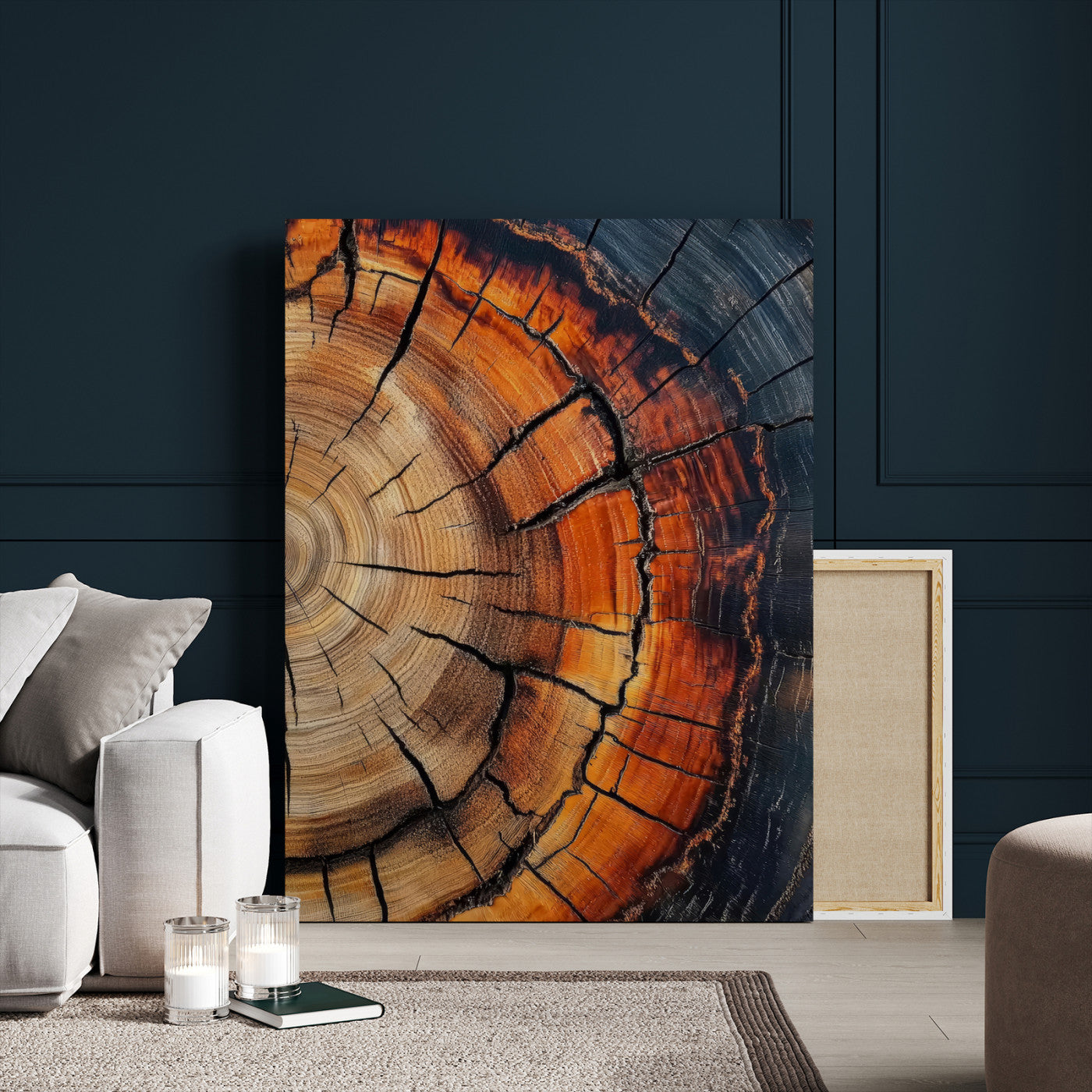 12078265-MGV-CV-24X36-Tree Rings Wall Art Canvas Print, Framed Burnt Wood Art Picture Print, Rustic Texture Perfect Rustic Earth Decor Artwork