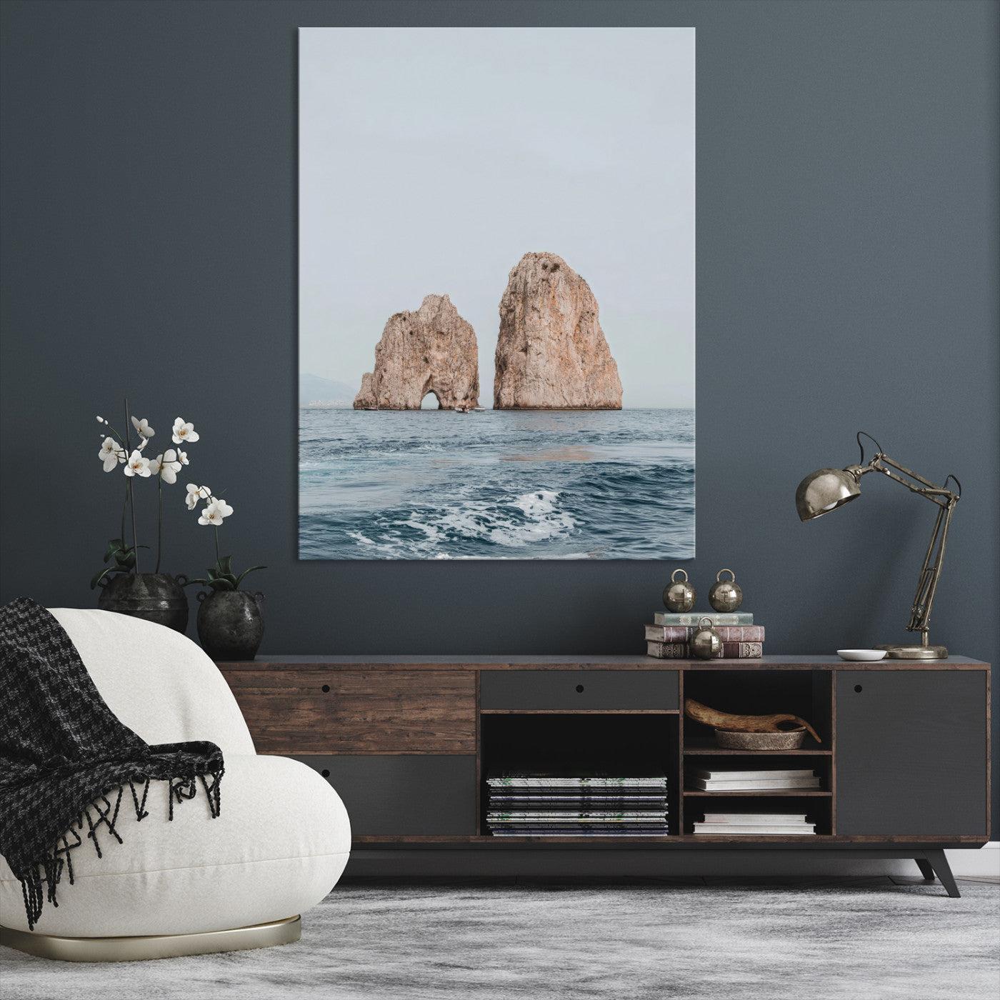 23148844-MGV-CV-24X36-Faraglioni Capri Wall Art Canvas Print, Framed Serene Ocean Art Picture Print, Mediterranean Coastal Perfect Mediterranean