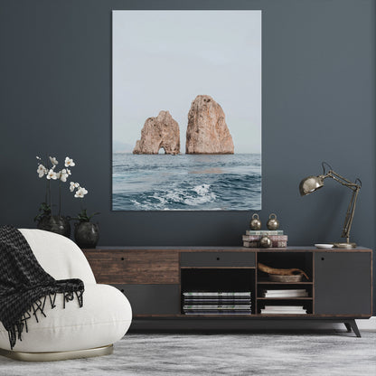 23148844-MGV-CV-24X36-Faraglioni Capri Wall Art Canvas Print, Framed Serene Ocean Art Picture Print, Mediterranean Coastal Perfect Mediterranean
