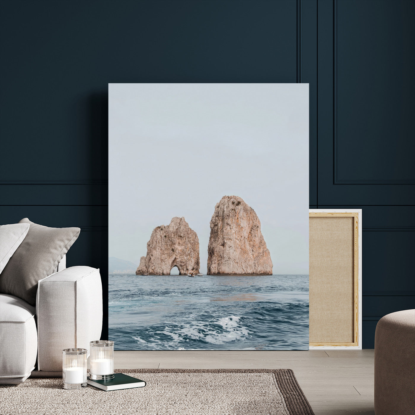 23148844-MGV-CV-24X36-Faraglioni Capri Wall Art Canvas Print, Framed Serene Ocean Art Picture Print, Mediterranean Coastal Perfect Mediterranean