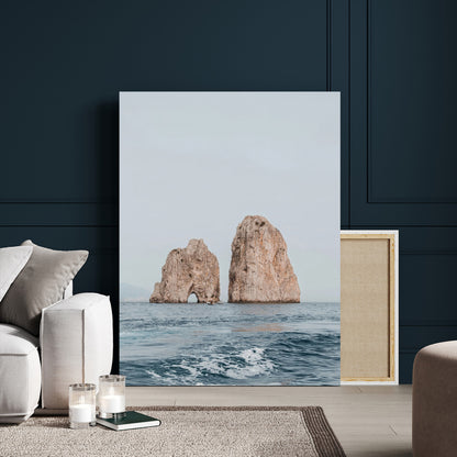 23148844-MGV-CV-24X36-Faraglioni Capri Wall Art Canvas Print, Framed Serene Ocean Art Picture Print, Mediterranean Coastal Perfect Mediterranean