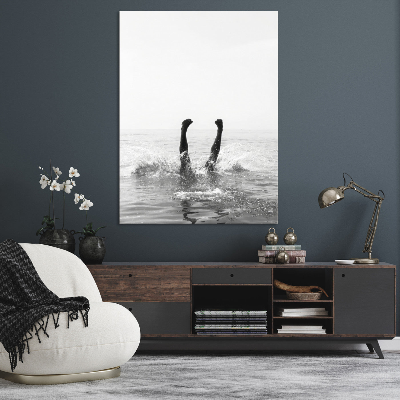 43900465-MGV-CV-24X36-Minimal Ocean Wall Art Canvas Print, Framed Monochrome Diving Art Picture Print, Swimmer in Sea Perfect Minimalist Coastal Decor