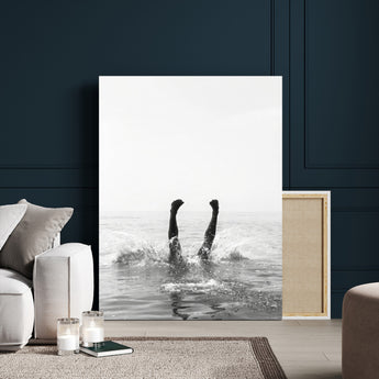 43900465-MGV-CV-24X36-Minimal Ocean Wall Art Canvas Print, Framed Monochrome Diving Art Picture Print, Swimmer in Sea Perfect Minimalist Coastal Decor