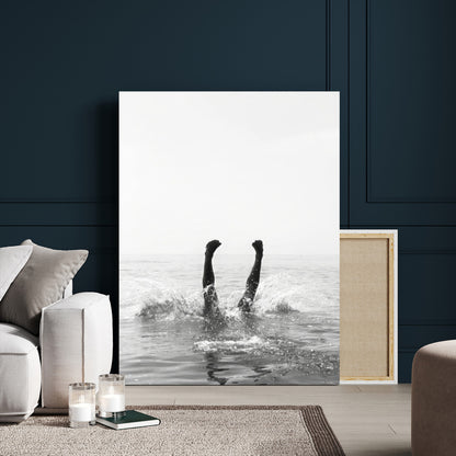 43900465-MGV-CV-24X36-Minimal Ocean Wall Art Canvas Print, Framed Monochrome Diving Art Picture Print, Swimmer in Sea Perfect Minimalist Coastal Decor