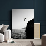 99497106-MGV-CV-24X36-Cliff Jumping Wall Art Canvas Print, Framed Black White Ocean Art Picture Print, Monochrome Cliff Perfect Minimalist Adventure