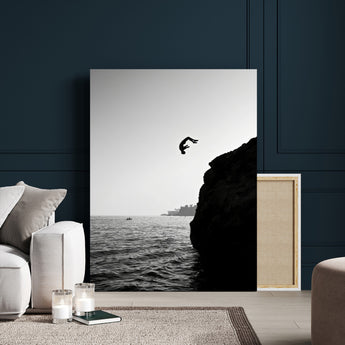 99497106-MGV-CV-24X36-Cliff Jumping Wall Art Canvas Print, Framed Black White Ocean Art Picture Print, Monochrome Cliff Perfect Minimalist Adventure