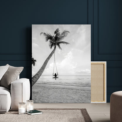 78460277-MGV-CV-24X36-Black White Palms Wall Art Canvas Print, Framed Beach Swing Art Picture Print, Monochrome Coastal Perfect Minimalist Coastal Decor